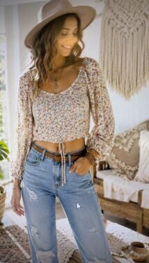 Heatherly Womens Floral Square Neck Blouse small smocked crop bohemian hippie